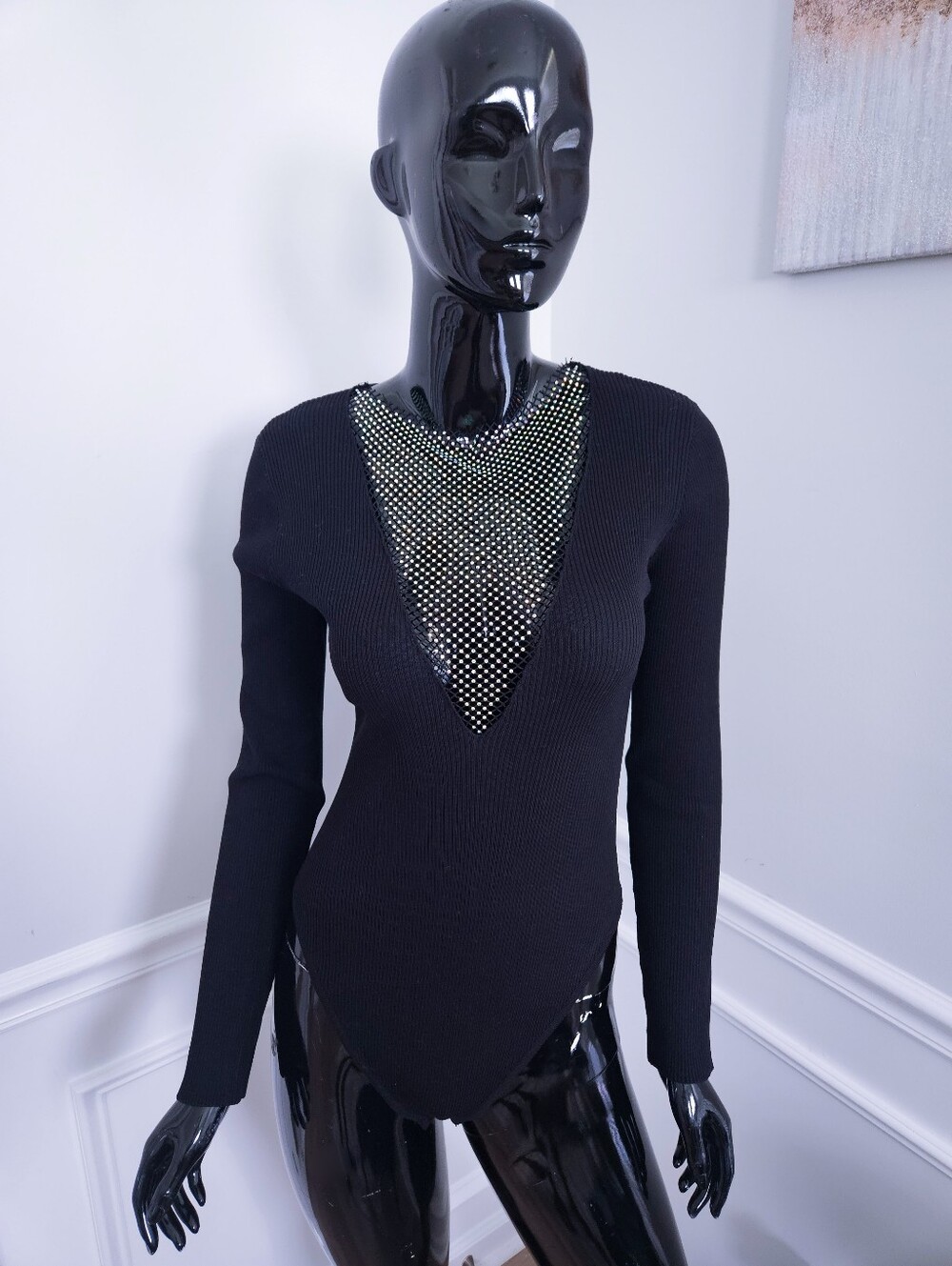Fashion Nova Black Long-Sleeve Ribbed Bodysuit with Rhinestone Mesh Inset